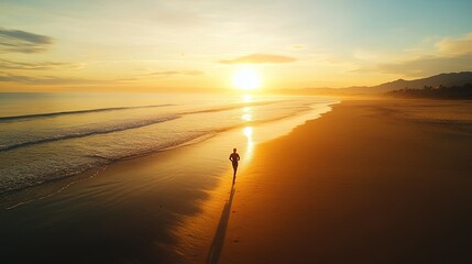 Healthcare professional jogging on a beach at sunrise, silhouette in motion, embodying vitality and a commitment to wellness