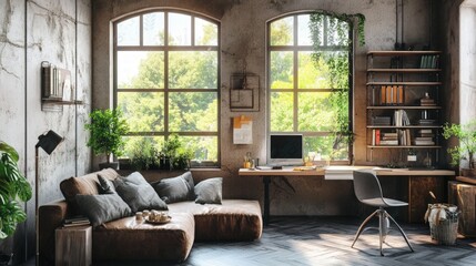 Cozy Modern Living Room with Bright Windows and Green Plants