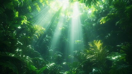 Obraz premium Sunlight streams through a dense tropical forest canopy illuminating lush green foliage and creating a mystical scene