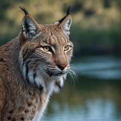 Fototapeta premium A close-up of a lynx with its piercing eyes, with a serene lake reflecting the clear sky behind it.