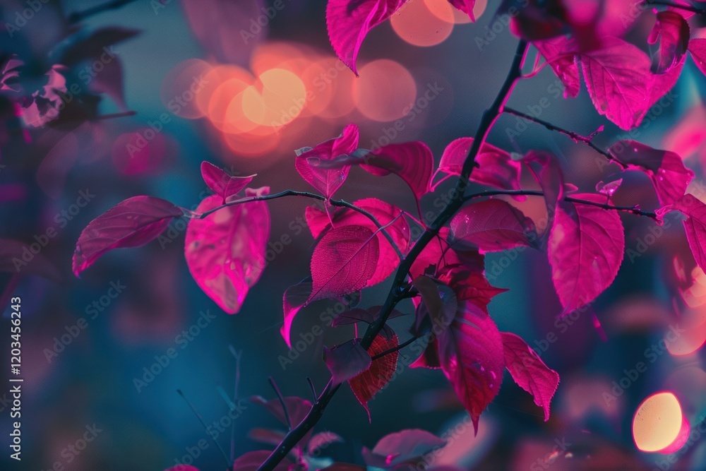 Poster pink leaves glowing on a branch with a blurred background and bokeh effect
