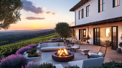 Obraz premium tuscan villa sunset: outdoor fire pit & patio - luxury real estate