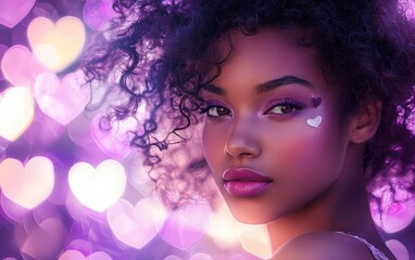 A dreamy portrait with soft lilac makeup and curly hair, glowing against a pastel purple heart bokeh background