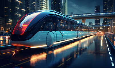 Naklejka premium High-Speed futuristic train moving through a futuristic cityscape with elevated tracks and sleek urban environment.