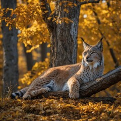 Obraz premium A lynx resting under a tree in a golden autumn forest, sunlight highlighting the leaves.