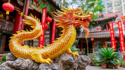 Fototapeta premium Golden Dragon Statue at Chinese Temple with Red Lanterns