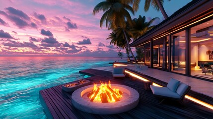 tropical sunset beach house fire pit - luxury travel