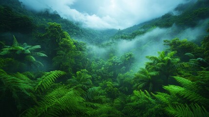 Lush Green Rainforest Canopy with Mist and Cloud Enveloping Tropical Trees and Ferns in a Dramatic Scene