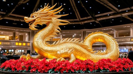 Obraz premium Golden Dragon Statue in Grand Hall Setting with Red Flowers