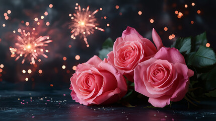 A bouquet of pink roses arranged on a table with sparkling pink fireworks in the background. The romantic composition is ideal for celebratory or sentimental occasions.