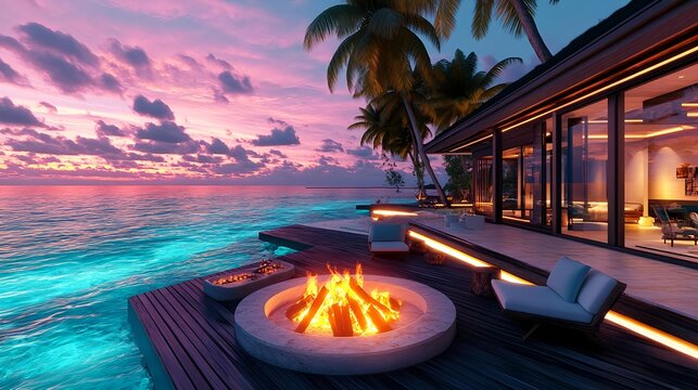 tropical sunset beach house fire pit - luxury travel