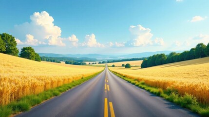 Asphalt Road Through Golden Wheat Fields Under a Sunny Sky