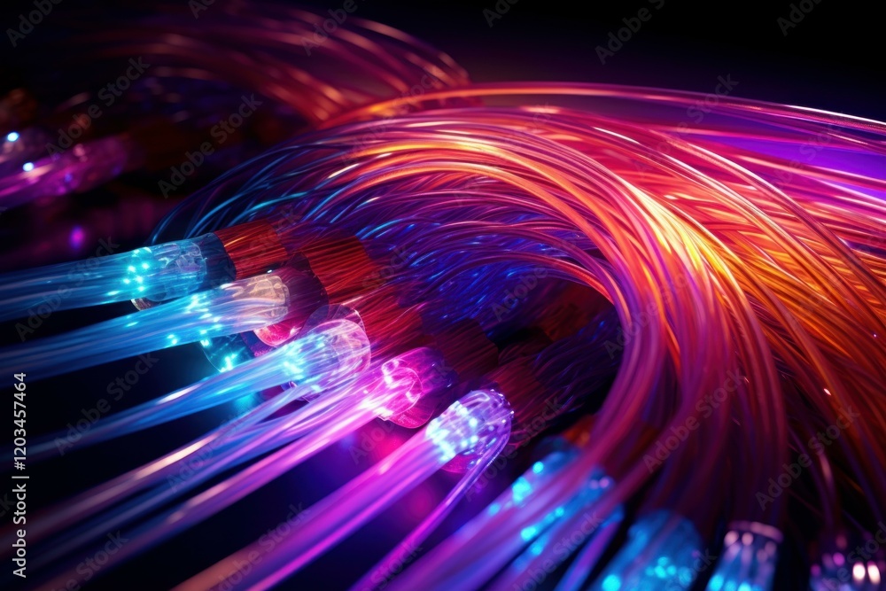 Poster fiber optic cables transmitting data with glowing multi colored ends, creating a futuristic technolo