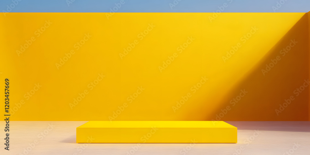 Poster blank yellow display on vivid summer background with minimal style. blank stand for showing product.