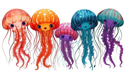 Fototapeta premium kawaii cartoon big floating multicolored jellyfish with eyes and emotions on a white background
