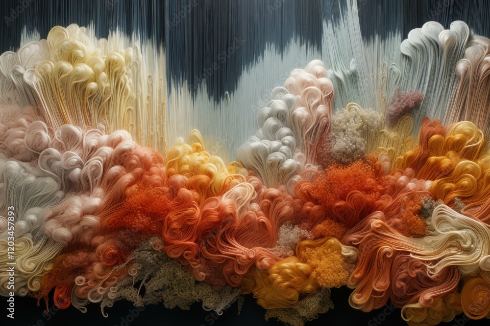 Poster abstract landscape created with colorful yarn, featuring swirling patterns and textures in shades of