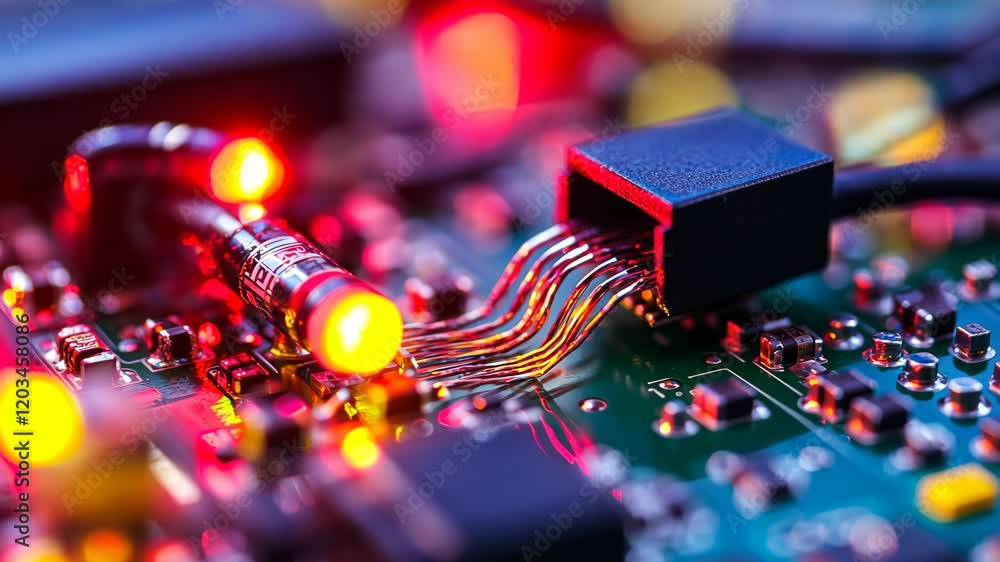 Aufkleber Close-up view of colorful circuit board with glowing LEDs and intricate connections in an electronic device