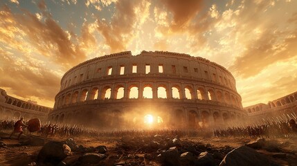 Obraz premium Vibrant Roman Coliseum Revival, lively spectators, dynamic gladiatorial combat, rich historical essence, immersive ancient spectacle