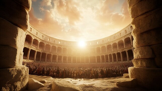 Vivid Roman Coliseum Revival, vibrant crowds, dynamic gladiator battles, rich historical ambiance, immersive ancient spectacle