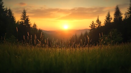 Serene sunset over a grassy field with silhouetted trees and distant mountains in twilight