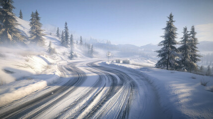 Obraz premium Snowy Winter Road in a Mountain Landscape