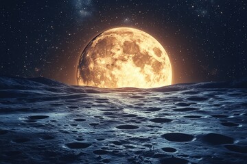 Majestic moonrise over lunar surface outer space digital cosmic environment wide angle celestial beauty