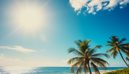 A retro vintage toned copy space image of a palm tree standing against a sunny blue sky at a tropical coast in the summertime, dinamic scene, with white tones