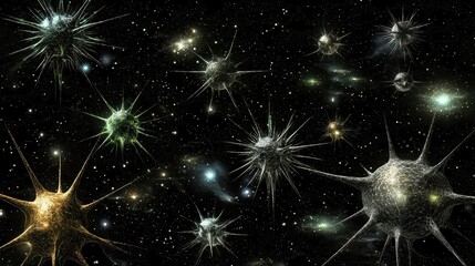 Naklejka premium Abstract Space Scene with Sparkling Microorganisms and Stars