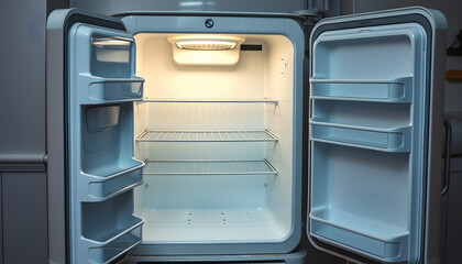 Old vintage open empty refrigerator, mindfulness theme, with white tones