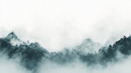 Fototapeta premium Misty Mountain Serenity: A mesmerizing landscape unfolds before you, where ethereal clouds caress majestic mountains shrouded in mystery, creating an atmosphere of serene tranquility.