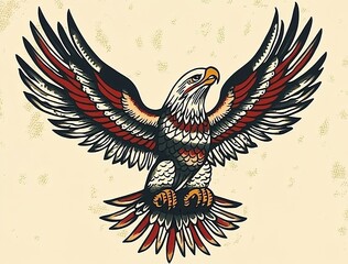 Naklejka premium Vintage American traditional tattoo flash illustration of an eagle with its wings spread, vector graphic design on a beige background
