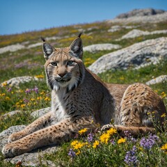 Obraz premium A lynx lounging on a boulder in an alpine meadow with wildflowers and a blue sky.