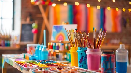 A fun paint-and-sip party setup with art supplies and colorful decor.