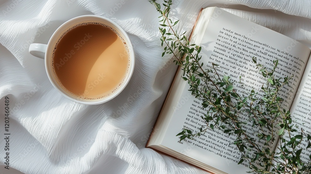 Aufkleber soft linen creates a cozy setting for leisurely reading. a steaming cup of coffee rests beside an op