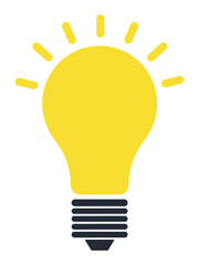 Simple yellow light bulb, isolated, combining classic Edison shape with radiating sunburst rays. Clean minimalist design merges energy and innovation concepts through bold graphic style.
