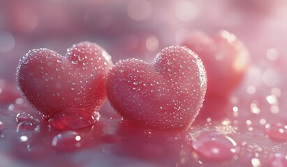 Obraz premium Heart-shaped decorations with water droplets on a soft pink background create a romantic atmosphere