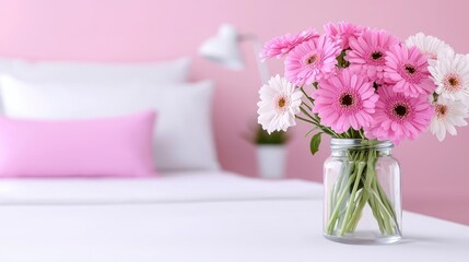 Pink gerbera daisies in glass vase on bedroom table