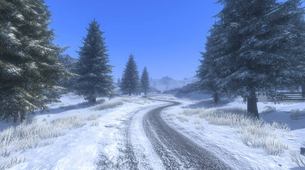 Snowy Winter Road in a Mountain Landscape