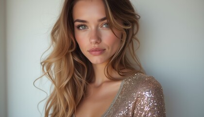 A captivating young woman with long, wavy hair gazes confidently at the camera, wearing a shimmering, sequined top. Her radiant beauty and soft expression evoke a sense of elegance and allure, perfect