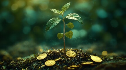 Nurtured by sunlight and shimmering softly, a green plant emerges from a pile of gleaming gold coins. This scene epitomizes hope and the promise of growth within nature's embrace