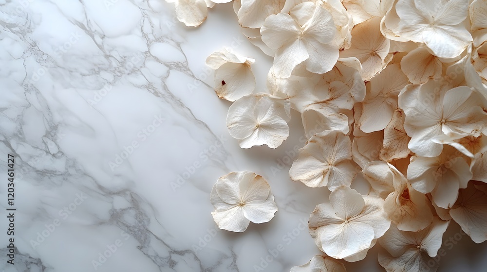 Poster artistic flat lay of dry white flowers scattered on a pristine white marble surface highlighting the