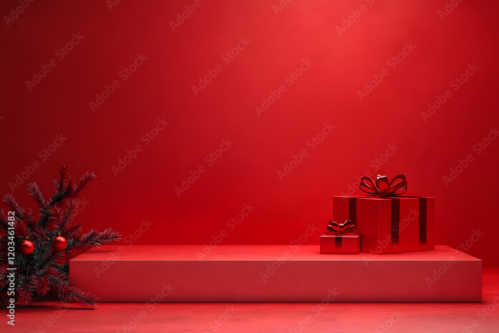Poster empty red background and stand display or shelf with studio for showing or design christmas concept.