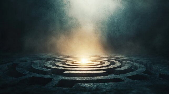 Luminous Labyrinth Journey, a surreal maze leading to a glowing exit, representing the quest for solutions and enlightenment