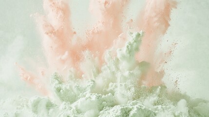 Fototapeta premium A soft eruption of creamy light pink and pastel green powders mingling mid-air