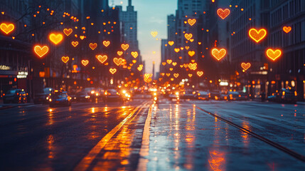 Obraz premium A wide city street comes alive with floating yellow and orange heart-shaped lights. The vibrant cityscape and symmetrical composition create a lively and romantic urban atmosphere.