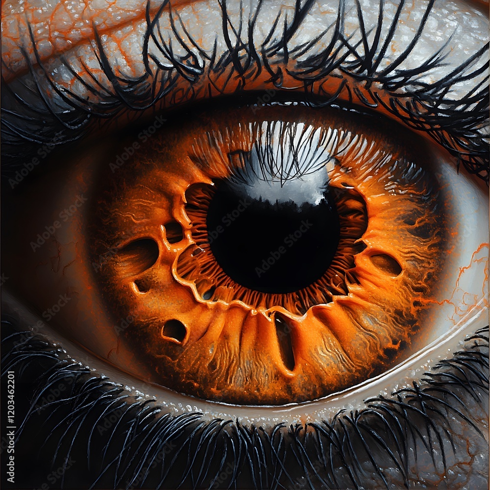 Poster artistic representation of an eye iris macro with a focus on the detailed texture of the brown corne
