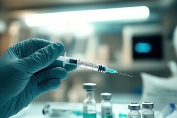 Medical Syringe and Vials in a Clinical Setting with Blue Tones