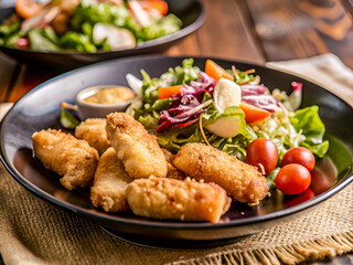 Fototapeta premium A delicious plate of fried chicken bites with a side of salad. Tasty Food background