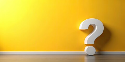 Surreal 3D yellow backdrop, white question mark floats, ample space awaits your FAQ.