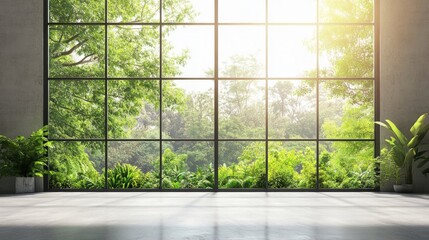Bright Modern Interior with Large Window Overlooking Green Nature